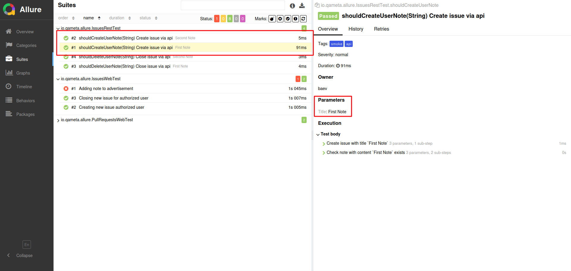 Parameterized tests in Allure Report