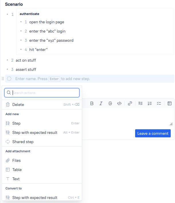 Shared step in a test case